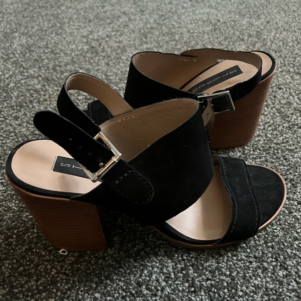 Black suede thick heeled sandal